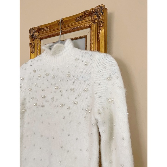 Zara Sweaters - ZARA Ivory Cream Fuzzy Knit Mock Neck Pearl Embellished Scalloped Trim S fits XS